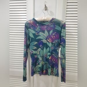Karen Kane XL NWT Teal Floral Sheer Long Sleeve Top with Purple Accents